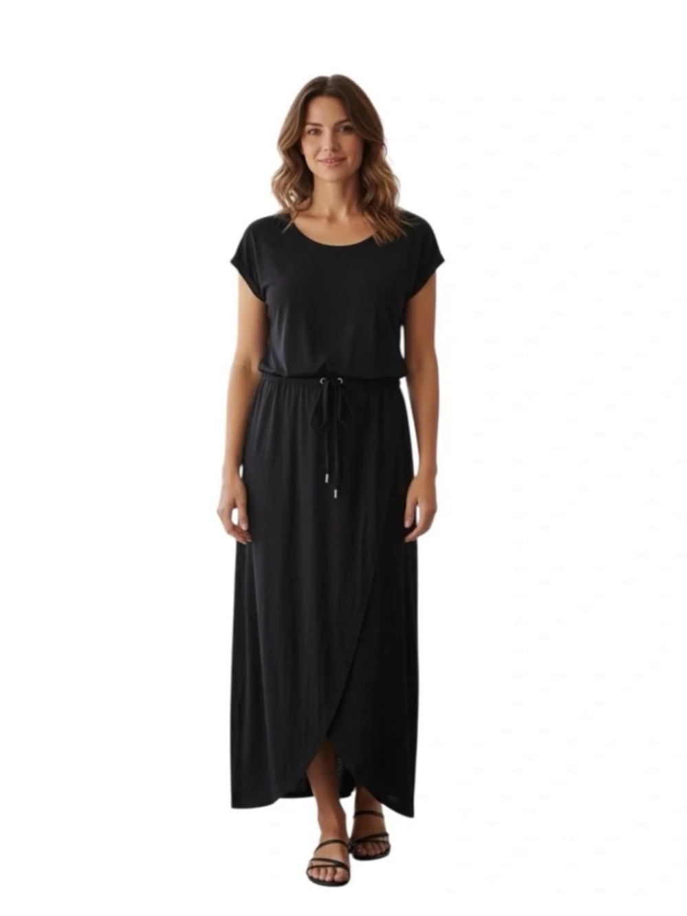 T By Talbots Black Maxi Crossover Dress S Drawstring Waist Tulip Hem UPF Beachy